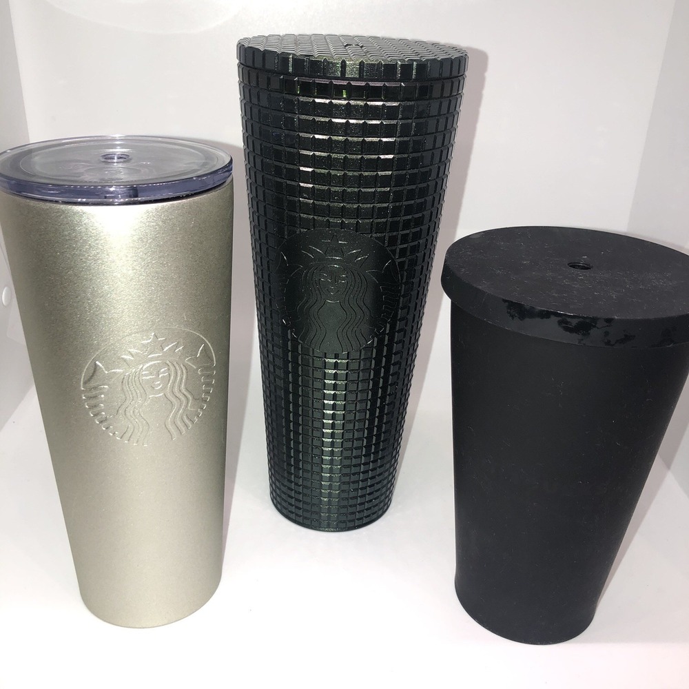 Starbucks Tumblers Lot Dark Green Studded Gold Black Lids No Straw Cold Beverage